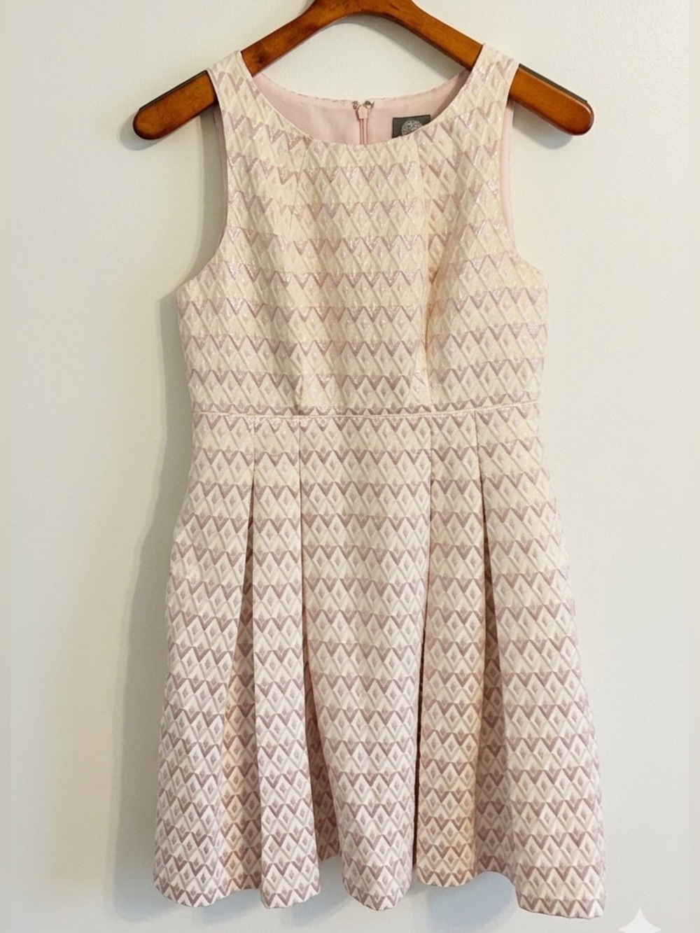 Vince Camuto Metallic Jacquard Fit Flare Dress 8 Blush Pink Geometric VC8M5955